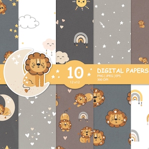 Baby Lion Digital Paper – Boho Nursery Pattern, Seamless Rainbow & Moon, Safari Scrapbooking Art
