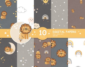 Baby Lion Digital Paper – Boho Nursery Pattern, Seamless Rainbow & Moon, Safari Scrapbooking Art