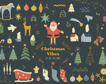Retro Christmas Clipart Bundle - Weihnachtsmann PNG, Vintage Holiday Vibes, Cozy Winter Clipart, DIY Set