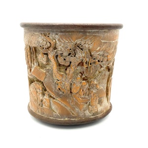 Chinese Carved Relief Bamboo Brush Pot Hand Carved Mountain Pine Scene 6.5" Beautiful Details 6 Character Marking on Side.