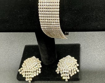 Vintage Rhinestone Bracelet and Clip-on Earring Set, Bridal Jewelry