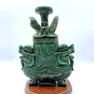 Double Pixiu Urn, 9&quot; Carved Stone Vessel with Green Dragon Lid, incense  burner Stone Bottle and Stopper, foo dogs, Guardian Lions
