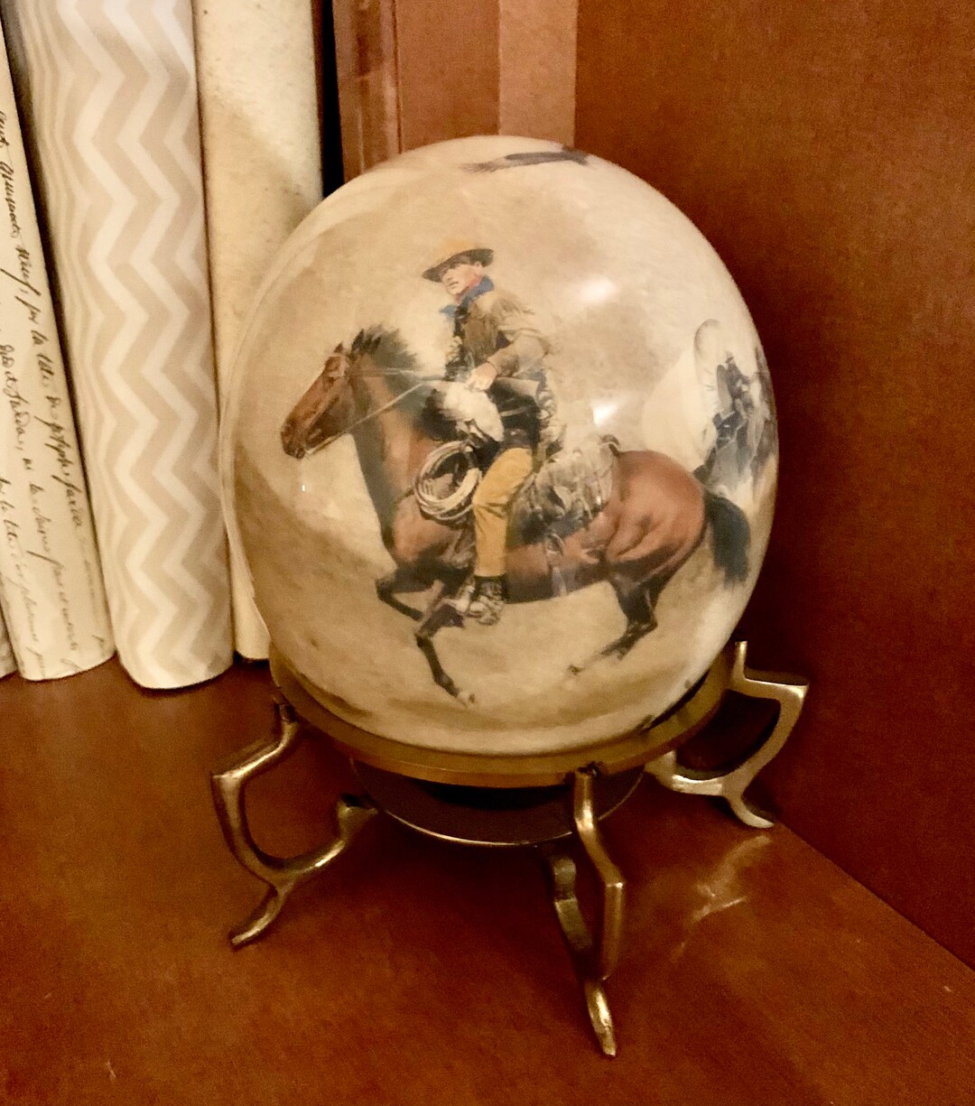 Decoupage Ostrich Egg With Brass Display Stand. Unique Etsy
