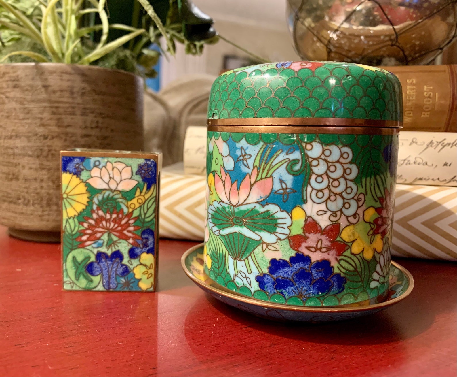 Cloisonné set includes jar with lid ring dish and matchbox Etsy