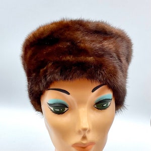 Vintage Mink Pillbox Hat, Mahogany Brown Fur With Brown 