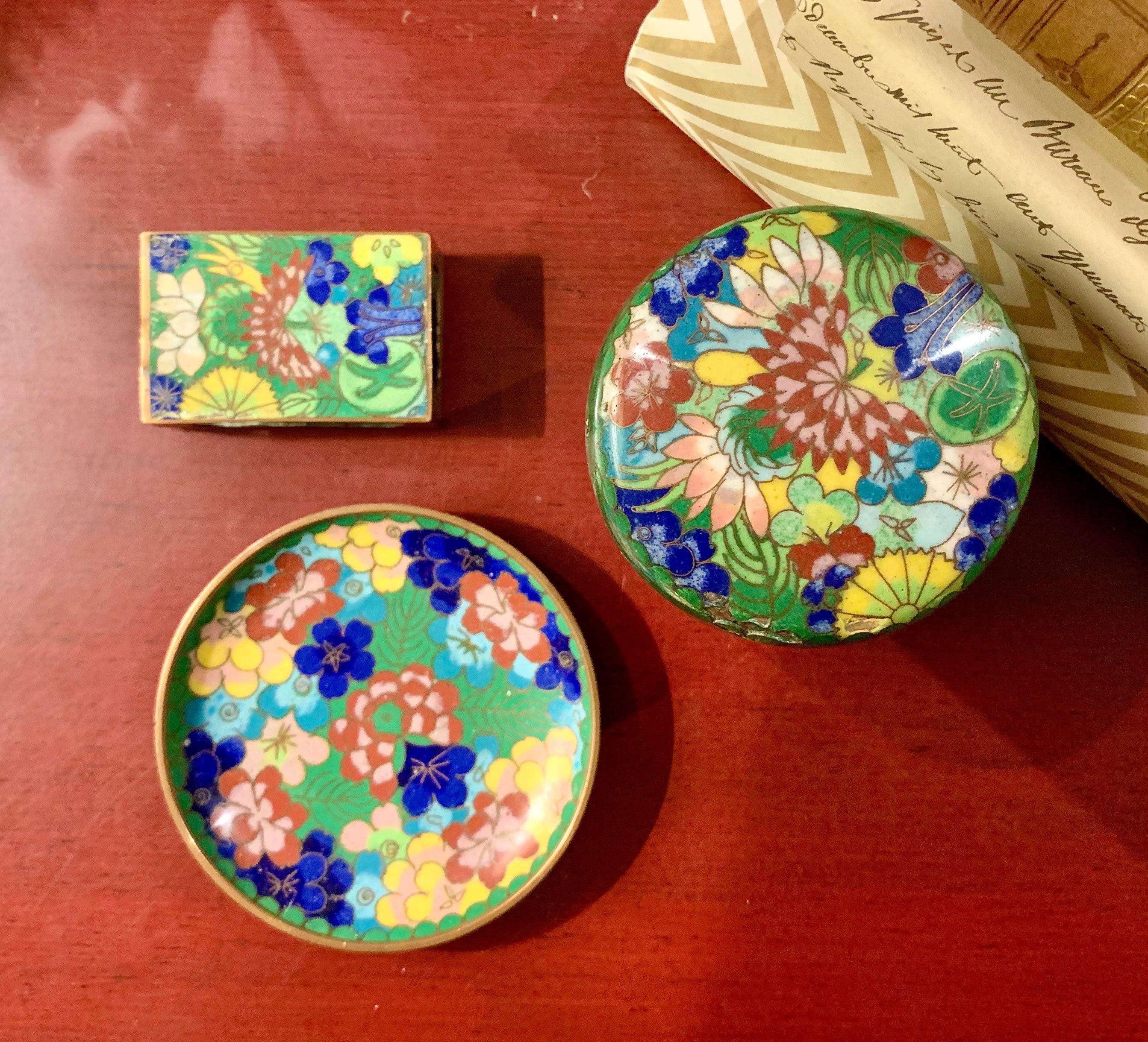 Cloisonné set includes jar with lid ring dish and matchbox Etsy