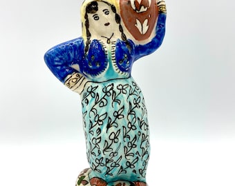 Antique Kutahya Ceramic Figurine, Turkish Folk Art, 9" Tall
