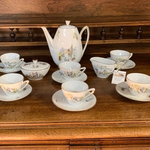 Demitasse Espresso Set 17pc. Mid Century Village Scenes, Camping, and Sailing on Gold Gilt White Winterling Porcelain Service for 6 Tea Set