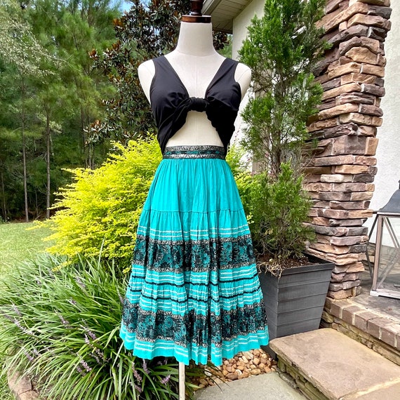 50's Teal Patio Swing Skirt with Silver Brocade, … - image 1