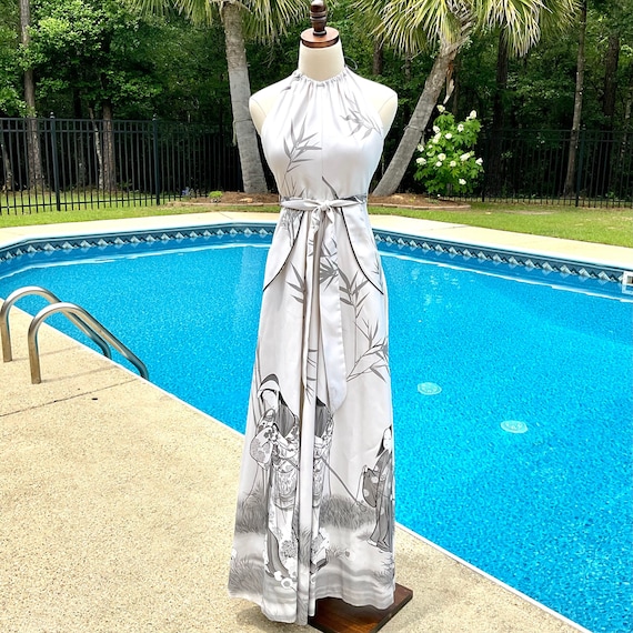 Vintage 70s Halter Maxi Dress, FUMI's Originals, Asian Charcoal Print