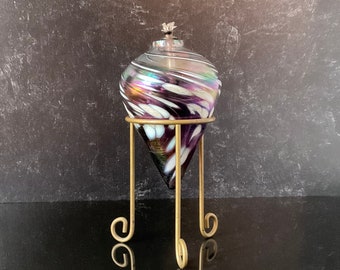 Iridescent Oil Lamp with Stand, Vintage Art Glass, Hand Blown, Paraffin Lamp
