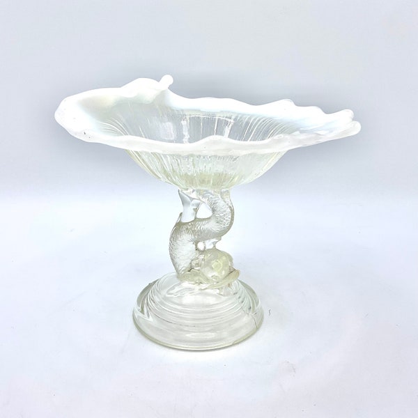 Antique Northwood White Opalescent Glass Dolphin Base Receiver Petticoat Dolphin Crystal Compote.