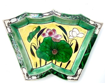 Sancai glazed porcelain sweetmeat dish with lotus flowers and leaves 5.75"W x 4"T Famille Jaune Kangxi.