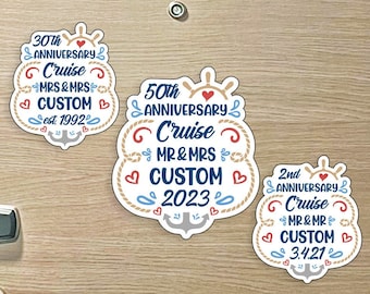 Custom Anniversary Cruise MAGNET Family Name Mr & Mrs w/ Anchor, Hearts, for Magnetic Cruise Doors -Mr's Mrs's