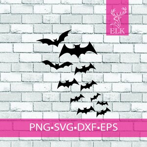 May include: Black bat silhouettes in various sizes are arranged against a white brick wall background. The image includes the text "PNG.SVG.DXF.EPS" in a pink banner at the bottom, and a logo with a deer head and the word "ELK" in the upper right corner.