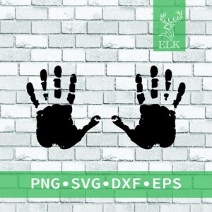 May include: Black handprint graphic with the text "PNG • SVG • DXF • EPS" on a green banner. The image is set against a white brick wall background. A logo with a deer is in the upper right corner.