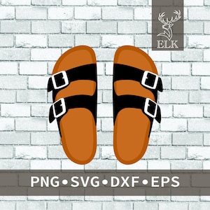 May include: A pair of brown sandals with black straps and silver buckles. The sandals are displayed on a white brick background. The image also includes the text "PNG • SVG • DXF • EPS".