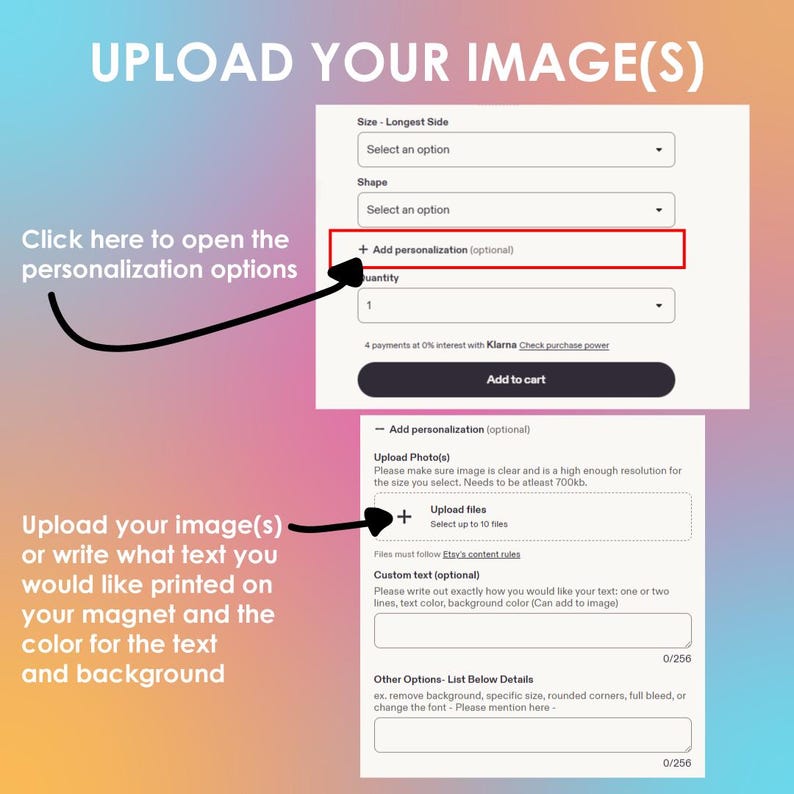 Peut inclure: Une interface num&eacute;rique affichant un panneau d'instructions UPLOAD YOUR IMAGE(S). Elle comprend des menus d&eacute;roulants pour la taille et la forme, un bouton Add personalization et une section pour t&eacute;l&eacute;charger des fichiers ou du texte.