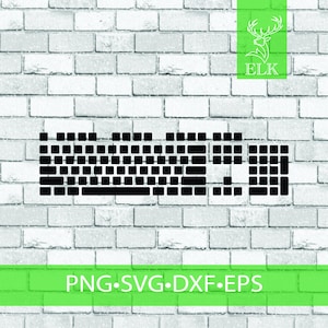 May include: Black keyboard graphic with a full set of keys, including a number pad. The image is set against a white brick wall background. The text "PNG SVG DXF EPS" is displayed in a green rectangle.