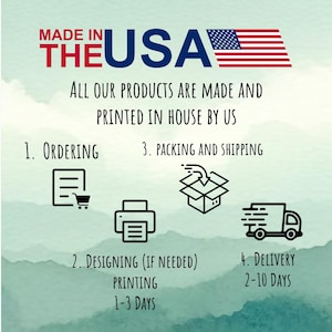 Peut inclure: Un graphique informatif avec un fond de montagnes vertes &agrave; l'aquarelle. Le texte indique : MADE IN THE USA, All our products are made and printed in house by us. Des ic&ocirc;nes illustrent un processus en quatre &eacute;tapes : commande, conception, emballage et livraison.