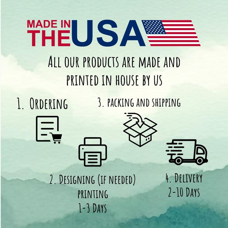 Peut inclure: Un graphique informatif avec un fond de montagnes vertes &agrave; l'aquarelle. Le texte indique : MADE IN THE USA, All our products are made and printed in house by us. Des ic&ocirc;nes illustrent un processus en quatre &eacute;tapes : commande, conception, emballage et livraison.