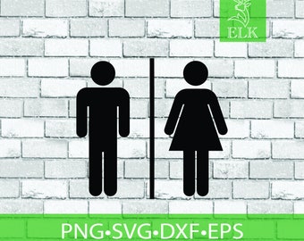 Può includere: Segnali di toilette in bianco e nero per uomini e donne, separati da una linea verticale. I segnali sono su uno sfondo di muro di mattoni bianchi. Il testo "PNG SVG DXF EPS" è in uno striscione verde in basso, con un logo di alce in alto a destra.