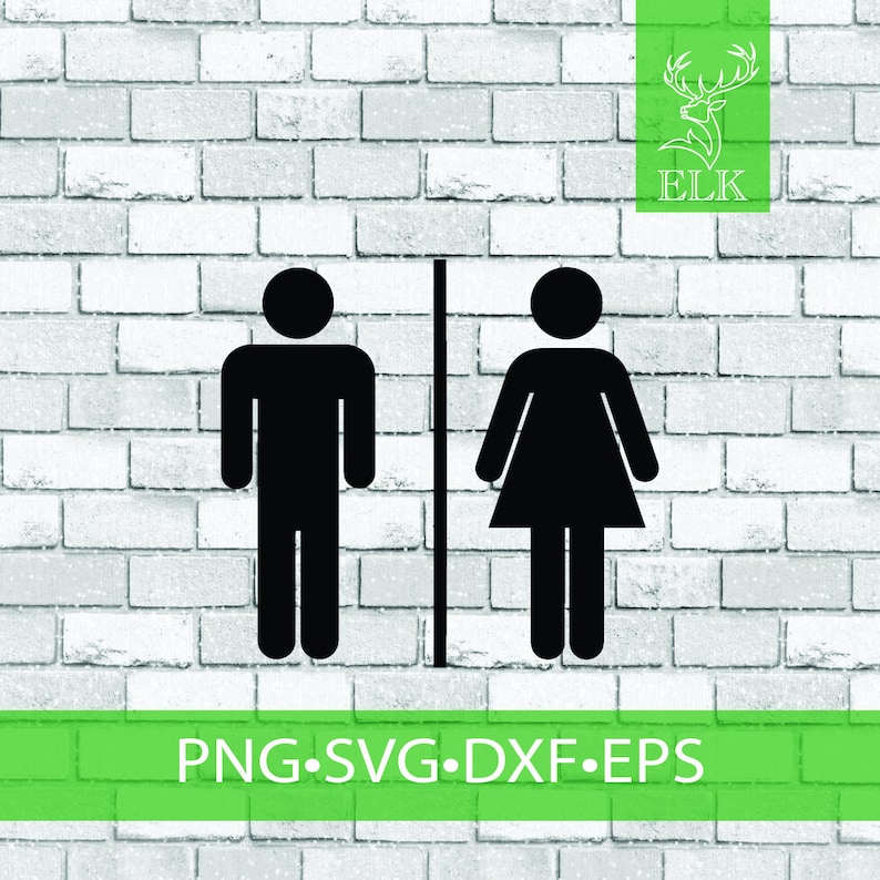 May include: Black and white restroom signs for men and women, separated by a vertical line. The signs are on a white brick wall background. The text "PNG SVG DXF EPS" is in a green banner at the bottom, with an elk logo in the top right corner.