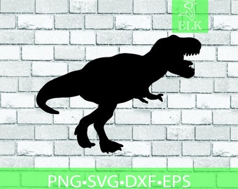 May include: A black silhouette of a Tyrannosaurus Rex dinosaur against a white brick wall. The image includes the text "PNG SVG DXF EPS" in a green bar at the bottom and a logo with the word "ELK" in the upper right corner.