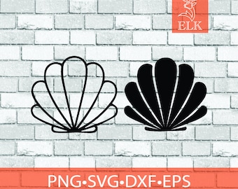 May include: Two seashell designs, one outlined in black and the other solid black, are displayed against a white brick wall. The text "PNG SVG DXF EPS" is in a horizontal orange bar below the shells. The image also includes a logo with a deer.
