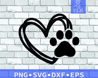 Kocia łapka w kształcie serca. Kocham mój koci odcisk łapki w formacie SVG (svg, dxf, eps, png). Plik do cięcia dla Cricut, Silhouette itp. Do użytku komercyjnego.