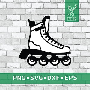 May include: Black and white illustration of a roller skate with four wheels. The skate has a high top and laces. The background is a white brick wall.