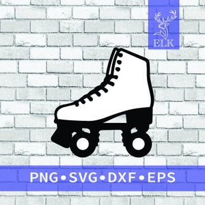 May include: A black and white illustration of a roller skate. The skate is white with black wheels and a black base. The image includes the text "PNG • SVG • DXF • EPS". The background is a white brick wall.