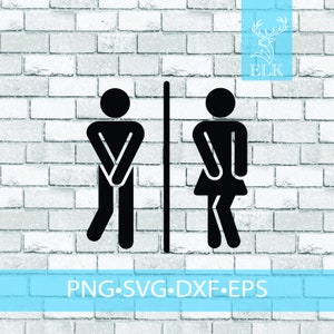 Puede incluir: Señal de baño en blanco y negro con figuras masculinas y femeninas, separadas por una línea vertical. El letrero está sobre una pared de ladrillos blancos. El texto en la parte inferior dice: PNG, SVG, DXF, EPS.