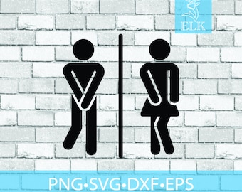 May include: Black and white restroom sign with male and female figures. The figures are separated by a vertical line. The sign is set against a white brick wall. Text at the bottom reads: PNG, SVG, DXF, EPS.