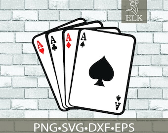 May include: Four playing cards, each displaying an Ace, fanned out against a white brick wall. The suits are hearts, clubs, diamonds, and spades. The text "PNG SVG DXF EPS" is at the bottom.