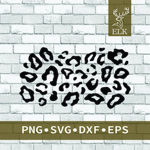 May include: Black leopard print design with the text "PNG • SVG • DXF • EPS" on a white brick background. The design features various shapes and sizes of leopard spots. The image also includes a logo with a deer and the word "ELK".