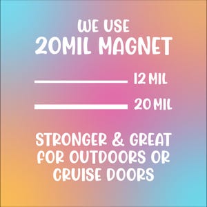 Peut inclure: Un graphique avec un fond d&eacute;grad&eacute; pr&eacute;sentant du texte blanc indiquant : WE USE 20MIL MAGNET. Deux lignes horizontales sont affich&eacute;es avec les &eacute;tiquettes 12 MIL et 20 MIL. En dessous, le texte indique : STRONGER & GREAT FOR OUTDOORS OR CRUISE DOORS.