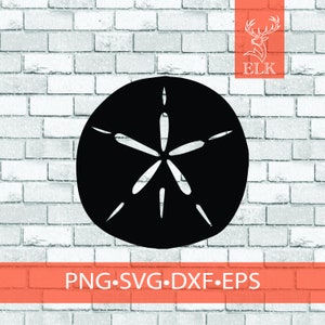 May include: Black sand dollar design on a white brick background. The sand dollar is a circular shape with a star-like pattern in the center. The bottom of the image has the text "PNG SVG DXF EPS". The top right corner has a logo with a deer.