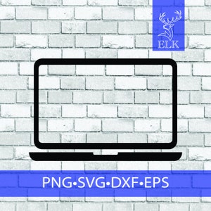 May include: Black outline of a laptop computer on a white brick wall background. The laptop has a rectangular screen and a base. Below the laptop is the text "PNG.SVG.DXF.EPS". A blue rectangle in the upper right corner has a white elk logo and the word "ELK".