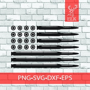 May include: Black and white silhouette of an American flag made of bullets. The flag has 13 rows of bullets and 5 columns of bullets. The text "PNG.SVG.DXF.EPS" is at the bottom of the image.