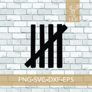 Peut inclure: Graphique de marques de pointage noires sur fond de briques blanches. Le graphique montre quatre lignes verticales avec une ligne diagonale qui les traverse, représentant un compte de cinq. Le texte "PNG SVG DXF EPS" est en dessous.