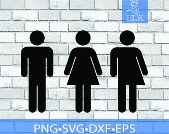 Può includere: Segnali di toilette in bianco e nero su uno sfondo di muro di mattoni. I segnali includono una figura maschile, una figura femminile e un'altra figura femminile. Il testo "PNG.SVG.DXF.EPS" è visualizzato in un rettangolo blu sottostante. Un quadrato blu con un logo di cervo e la parola "ELK" si trova nell'angolo in alto a destra.