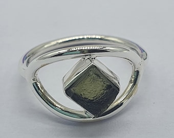 Natural Moldavite Silver Ring  925 Rough Moldavite Ring   gift for her.