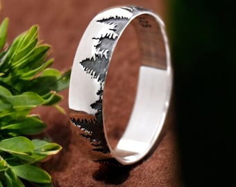 Forest Grove: Anillo de plata de ley 925 maciza con árbol grabado - Joyería natural, anillo de árbol, temática forestal, plata pulida, anillo unisex