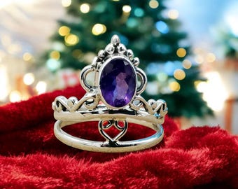 Vintage Sterling Silver Amethyst Crown Style Ring – Elegant Purple Gemstone Jewelry  – Antique Sterling Silver Amethyst Ring – Gift for Her