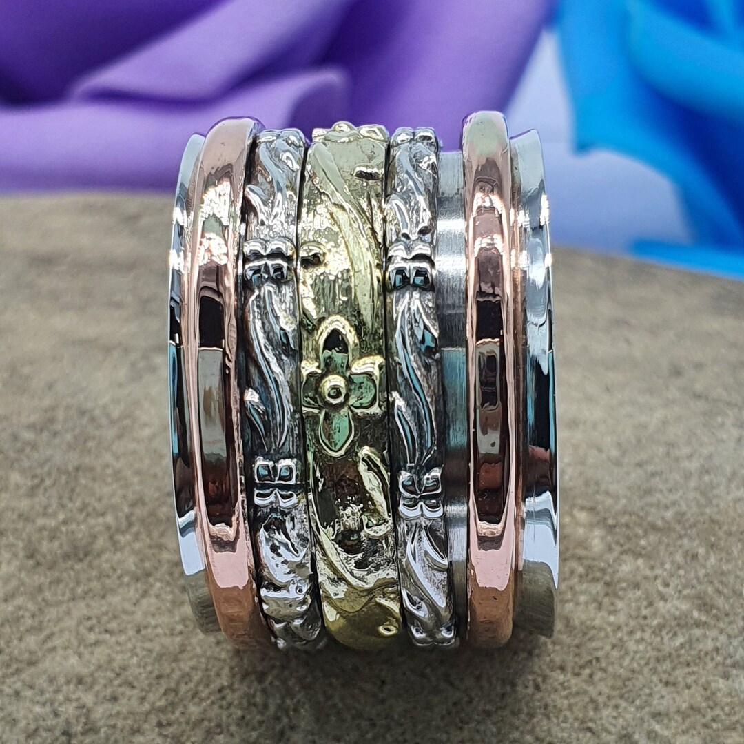 Three Tone Spinner Ring, 925 Silver Ring, Spinner Meditation Ring ...