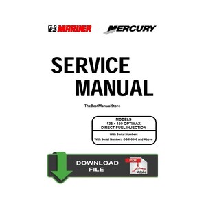 Könnte beinhalten: Ein Servicehandbuch für Mariner und Mercury 135 und 150 Optimax Außenbordmotoren mit Direkteinspritzung. Das Handbuch steht als PDF-Datei zum Download bereit. Die Seriennummern der vom Handbuch abgedeckten Motoren sind OG590000 und höher.