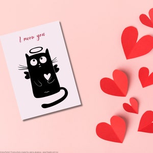Cartão e pôster do dia dos namorados com gato cupido preto, cartão postal de gato preto, cartão de amor, cartão de gato preto, cartão de cupido do amor, pôster de cupido, gato fofo