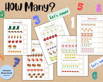 May include: A collection of printable educational worksheets with the title "How Many?" featuring counting exercises. The worksheets include colorful illustrations of various objects like boots, leaves, and animals, designed for early learning.