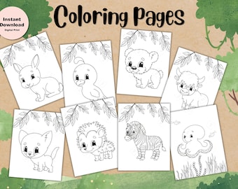Puede incluir: Ocho páginas para colorear con ilustraciones de animales, como un conejo, un pájaro, un oso, un toro, un gato, un erizo, una cebra y un pulpo. Cada página tiene un contorno negro y un borde de hojas. El texto "Coloring Pages" está en la parte superior.
